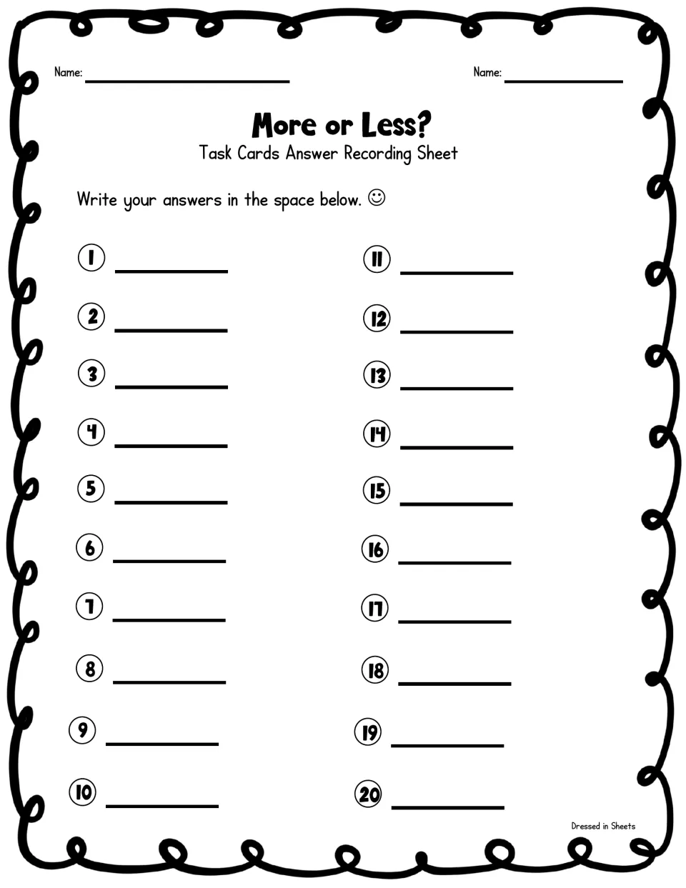 Answer recording sheet: students write the letter answer, a or b, for each of the 20 task cards on numbered blanks