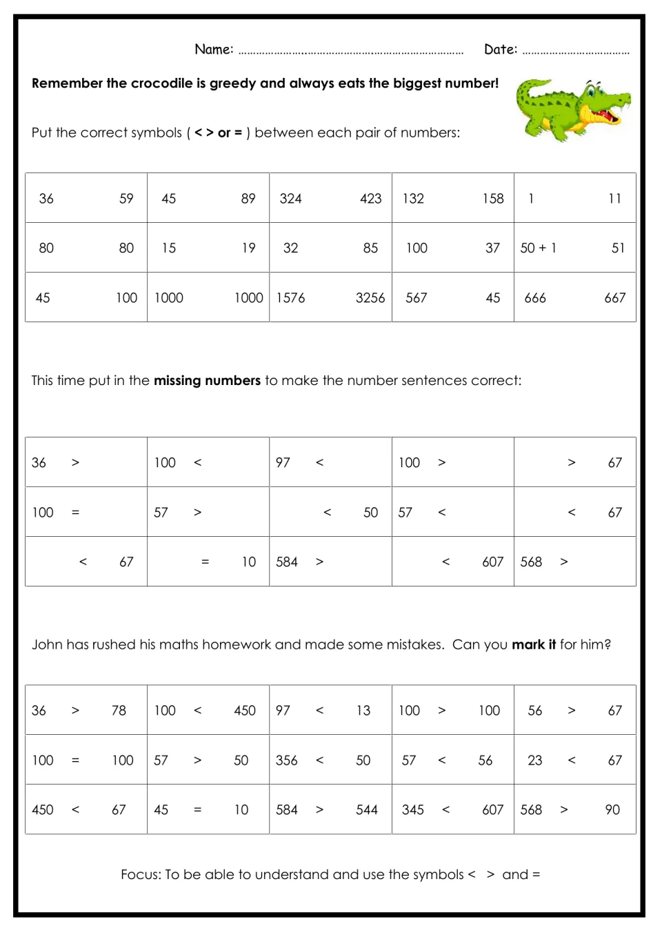 Comparing numbers with < > and =: students insert symbols, fill in missing numbers and mark John's homework mistakes