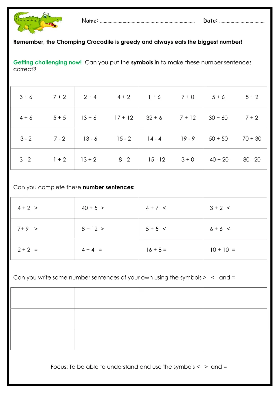 Comparing sums and differences: students place < > or = between expressions like 3 + 6 and 7 + 2, then write own sentences