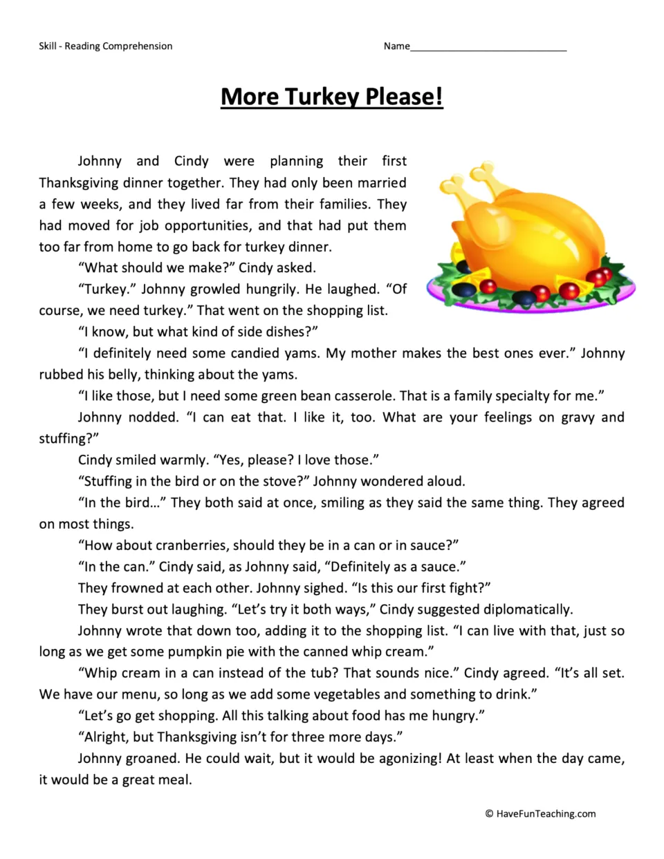 Reading passage about Johnny and Cindy planning their first Thanksgiving dinner and compromising on cranberries.