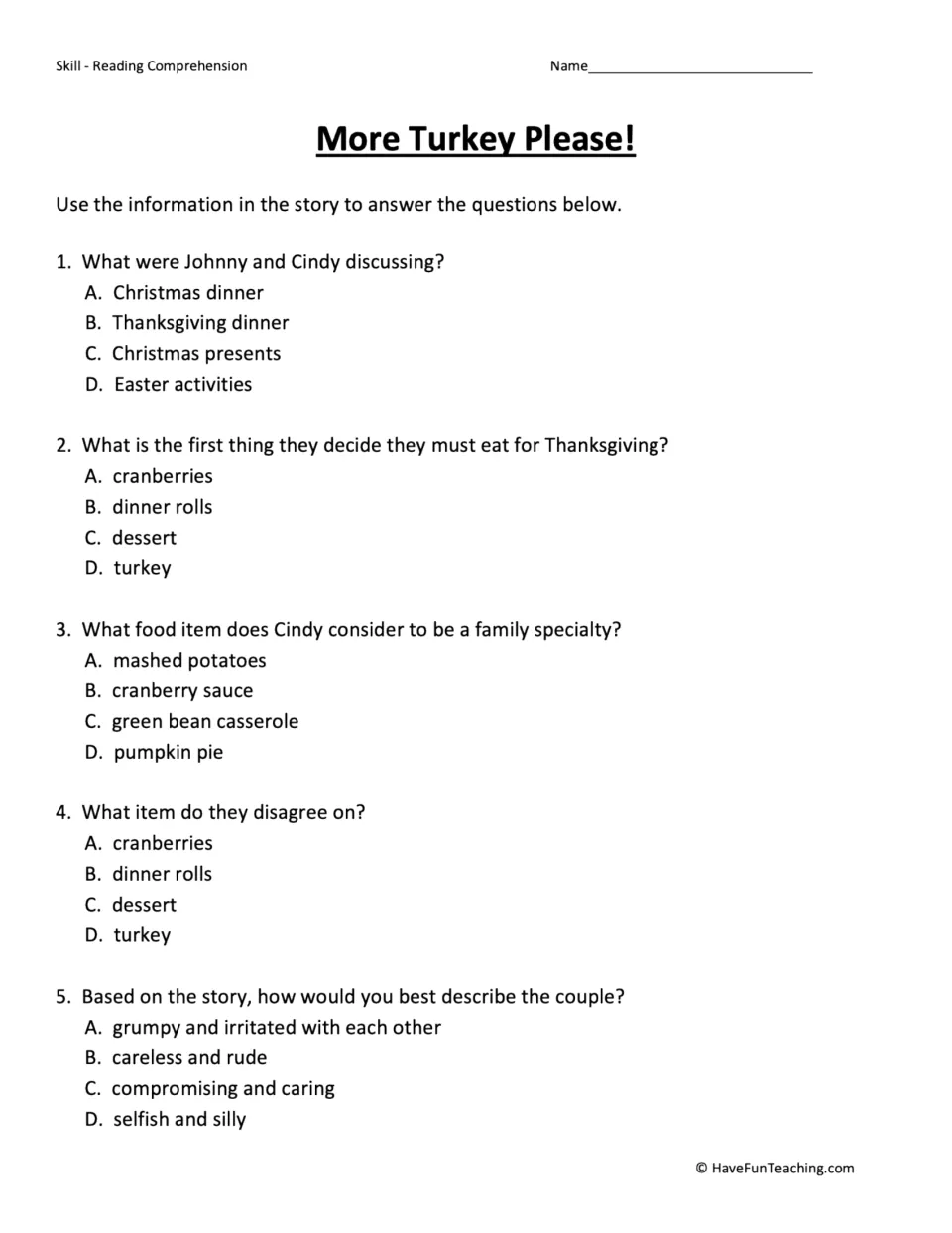 Five comprehension questions about Thanksgiving dinner plans, food preferences, and the couple's character.