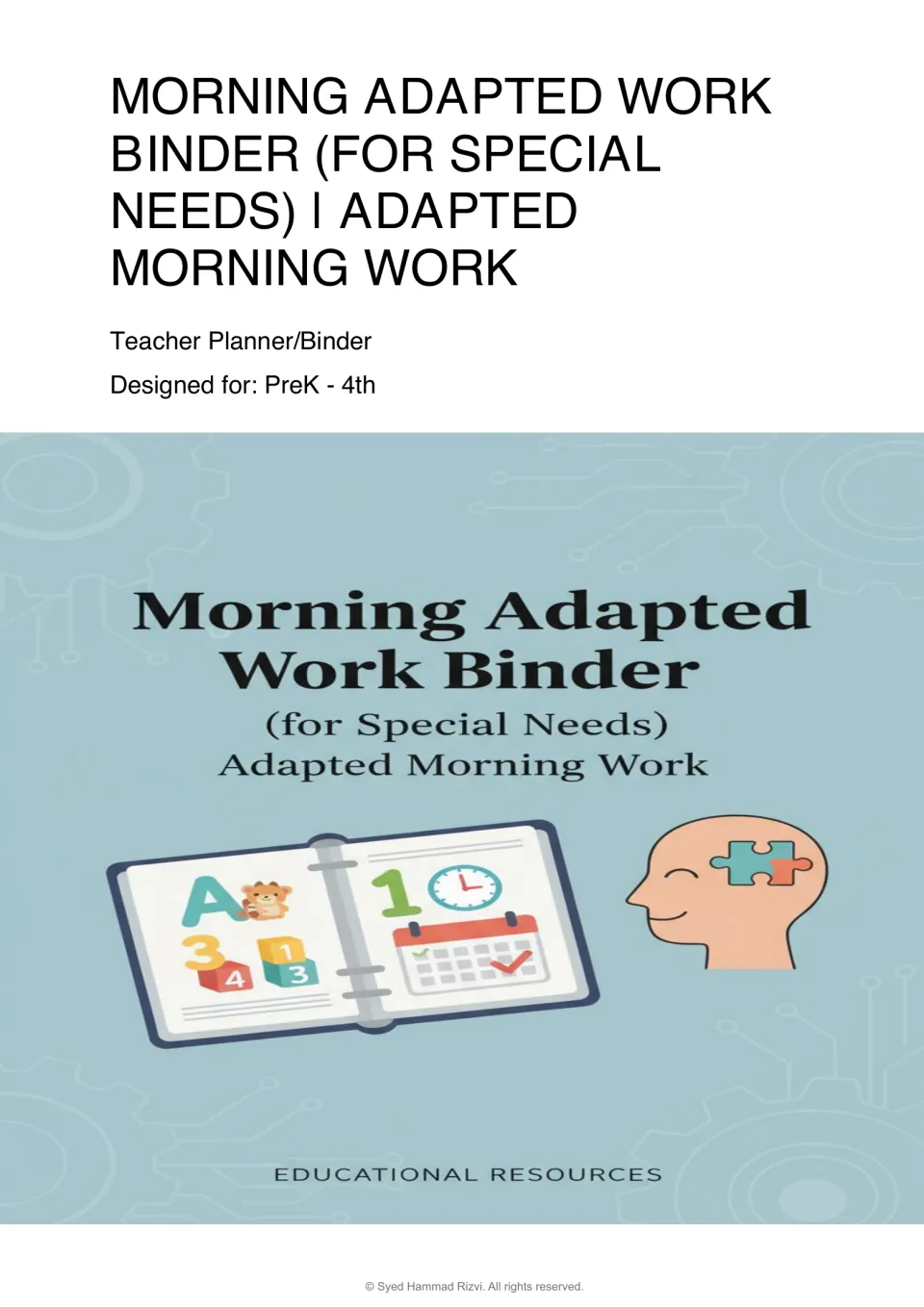 Morning Adapted Work Binder cover identifies the resource as a teacher planner/binder for PreK–4th grade