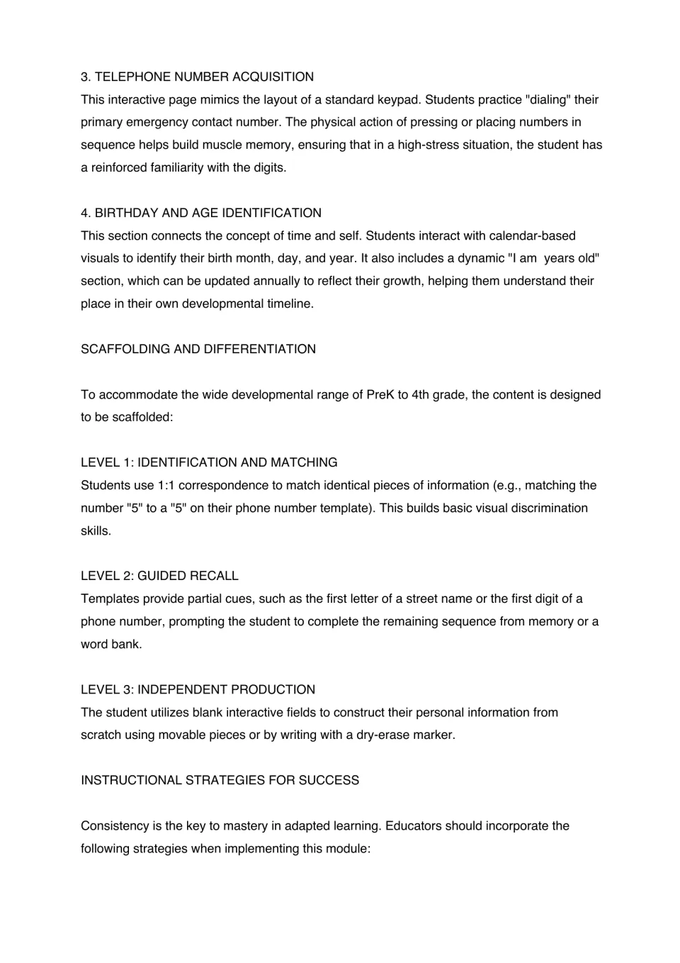 Personal information guidance covers phone numbers, birthdays, age, and three levels of learning support
