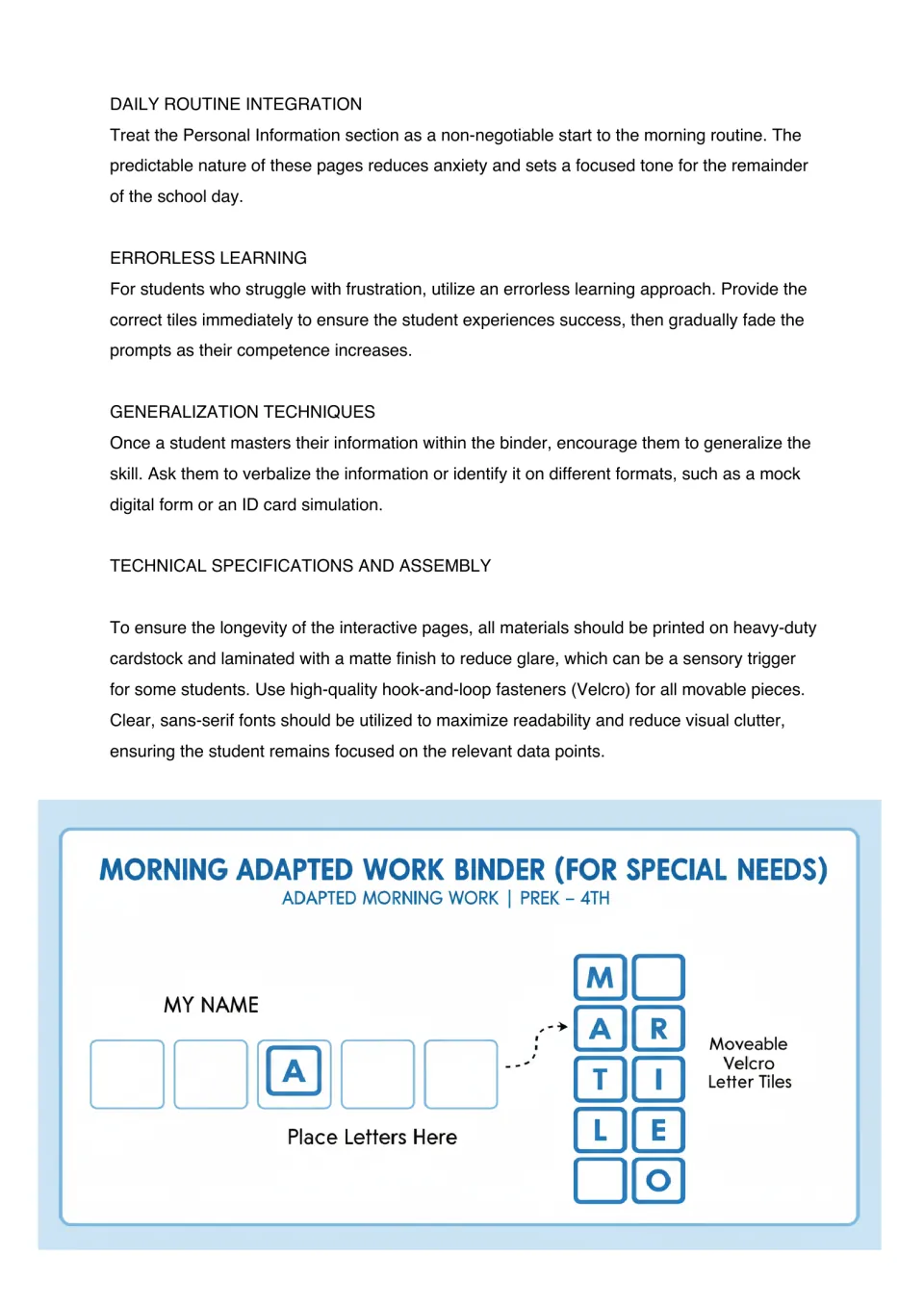 Personal information module gives routine and assembly guidance with a My Name example using letter tiles