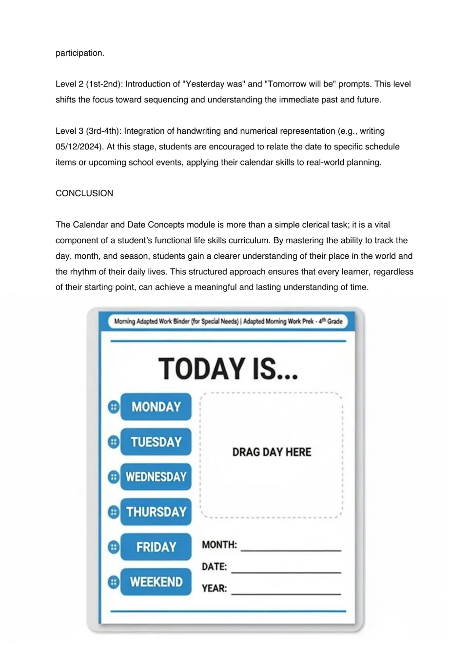 Calendar module concludes with grade-level guidance and a Today Is example for the day, month, date, and year
