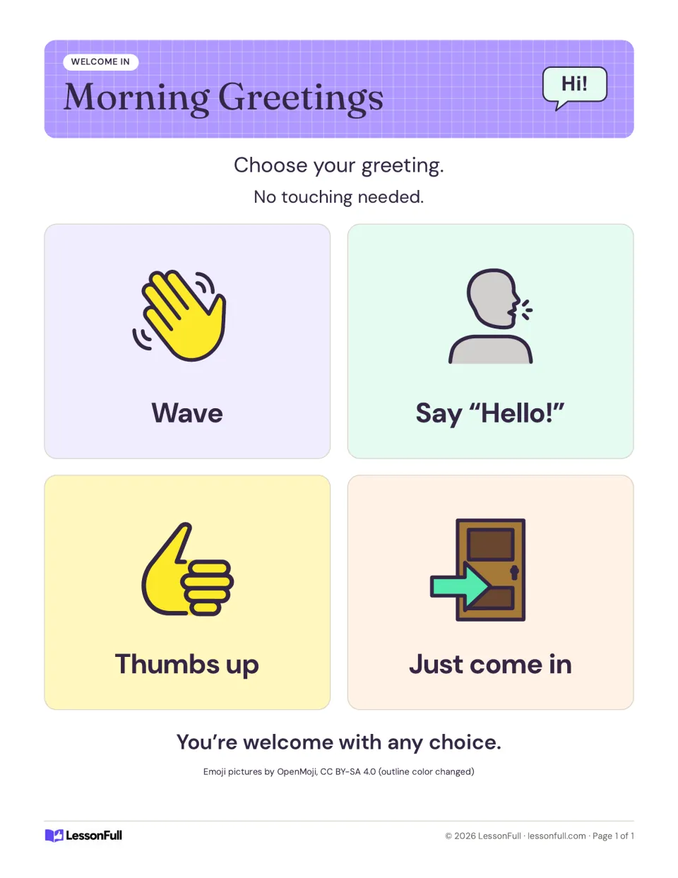 Morning Greetings choice poster with four no-touch options: wave, say hello, thumbs up or just come in