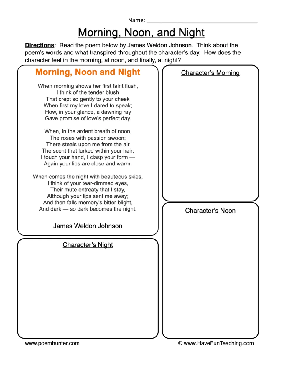 James Weldon Johnson poem Morning, Noon and Night: students describe how the character feels at each time of day