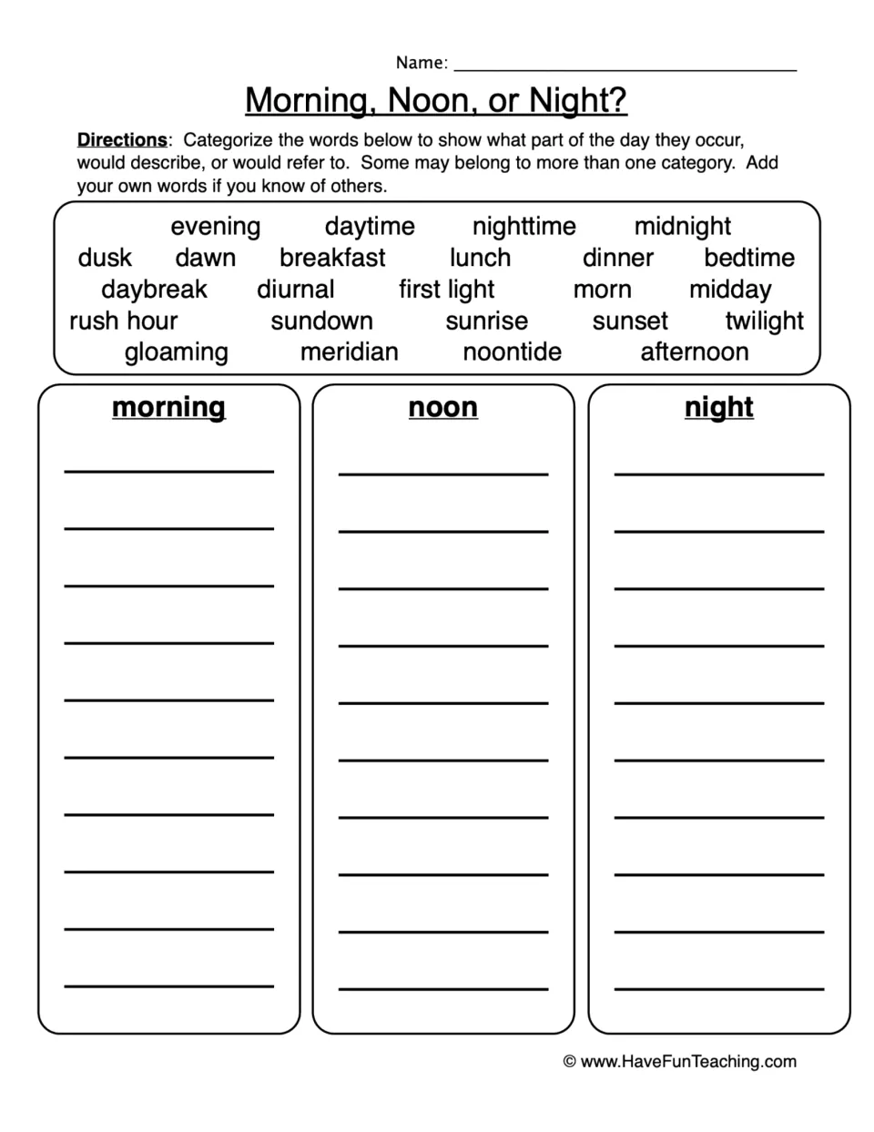 Time-of-day vocabulary sort: students categorize words like dawn, dusk, midday and twilight under morning, noon or night