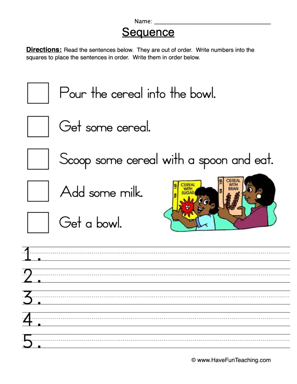 Sequencing a cereal breakfast: students number five mixed-up steps like Get a bowl, then rewrite them in order