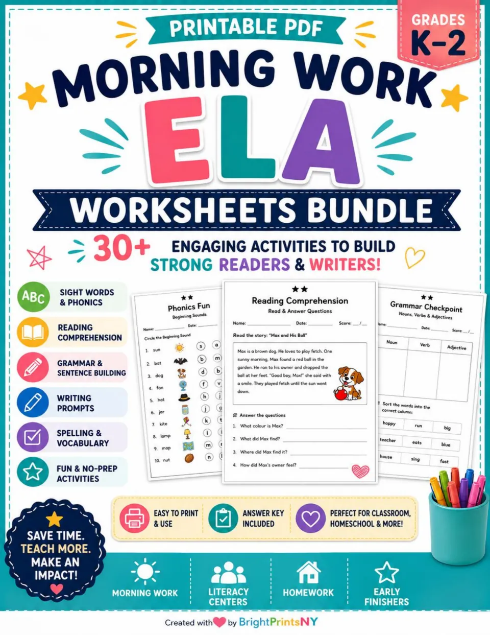 ELA morning work bundle cover for grades K–2, listing 30+ activities in reading, phonics, grammar and writing
