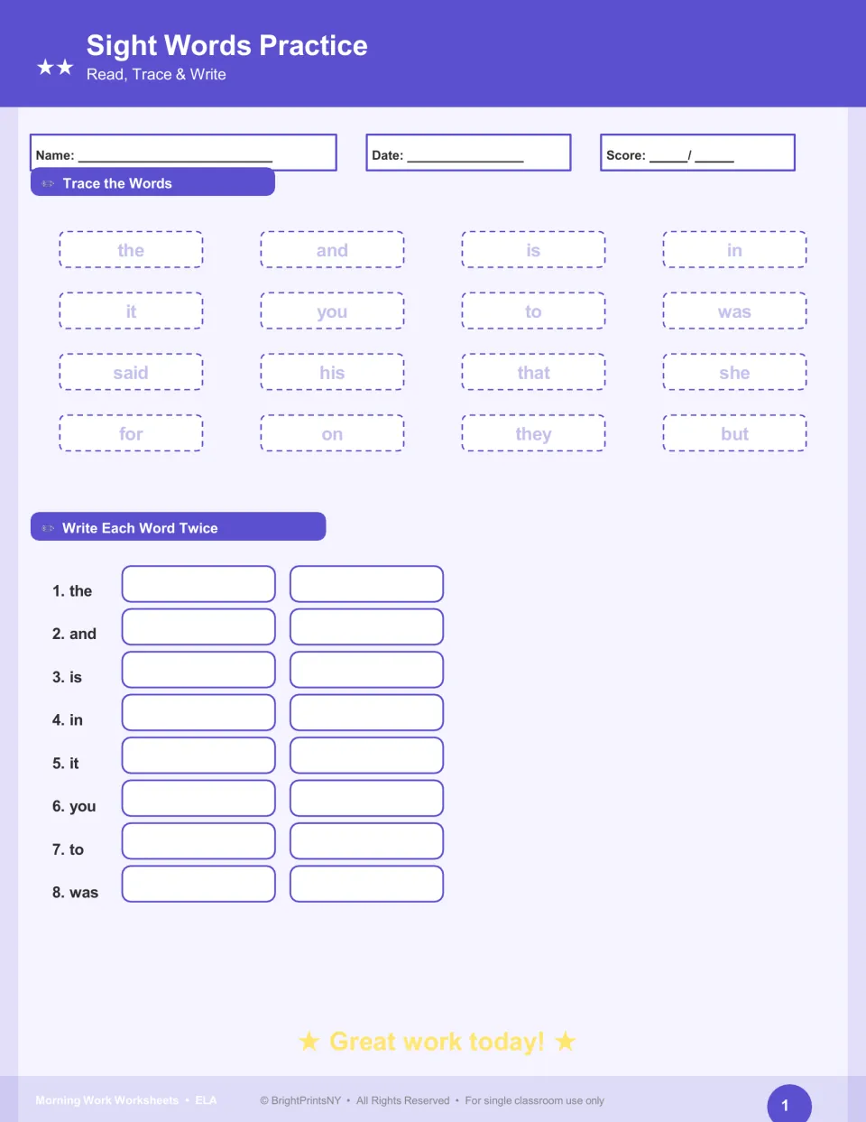 Sight words practice: trace 16 words, including the, and, is and in, then write the first eight words twice