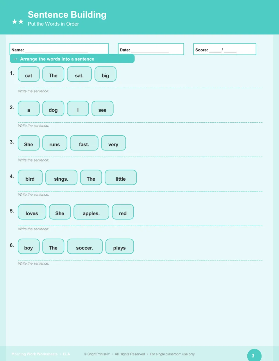 Sentence building practice: put six sets of words in order, including the words The, big, cat and sat