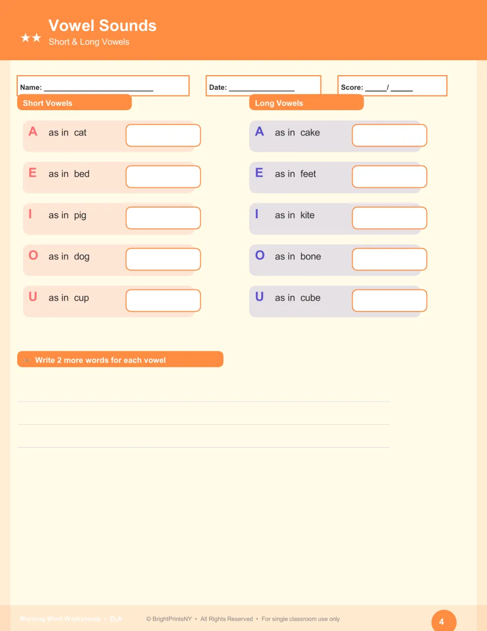 Vowel sounds practice: short and long A, E, I, O and U examples, plus a prompt to write two more words for each vowel