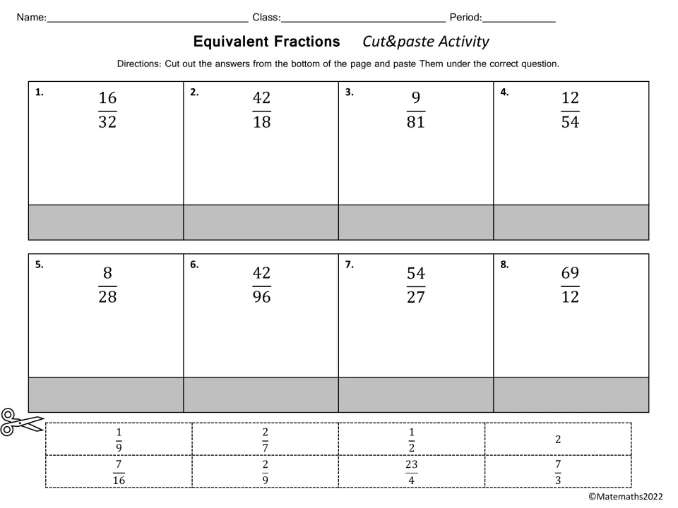 Equivalent Fractions problems 1-8: students simplify fractions like 16/32 and 42/96, then cut and paste each answer