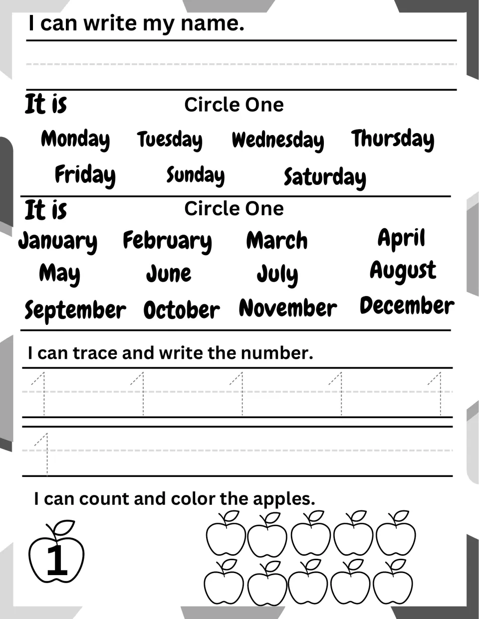 Number 1 morning page: students write their name, circle the day and month, trace 1 and color 1 apple out of 10
