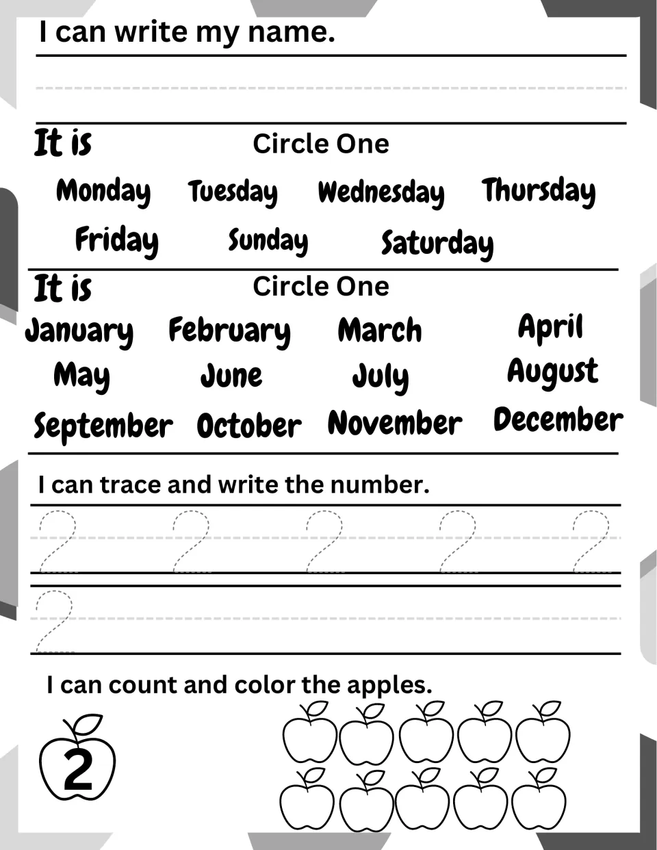 Number 2 practice: students circle today's day and month, trace the numeral 2, then count and color 2 of 10 apples