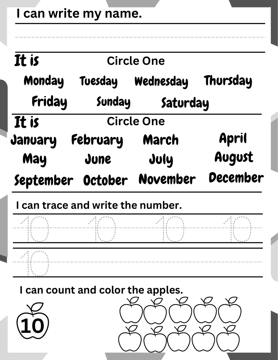 Number 10 review: name writing, circling the day and month, tracing 10 and coloring all 10 apples to show one full set