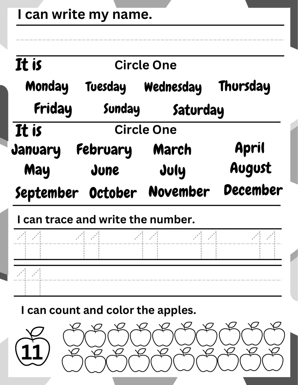 Teen number 11: students write their name, circle the date words, trace 11 and count and color 11 of 20 apples