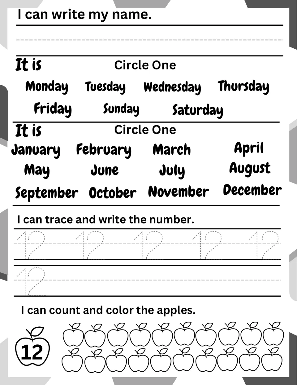 Number 12 morning work: circle the weekday and month, trace and write 12, then count out and color 12 of 20 apples