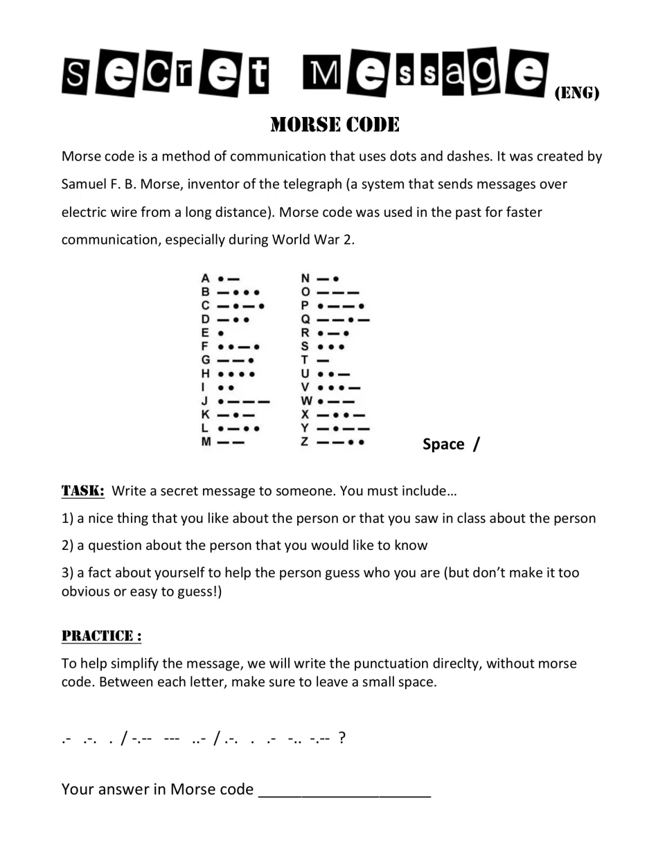 Morse code secret message: students use an A–Z dot-dash chart to decode a practice question and write a note to someone