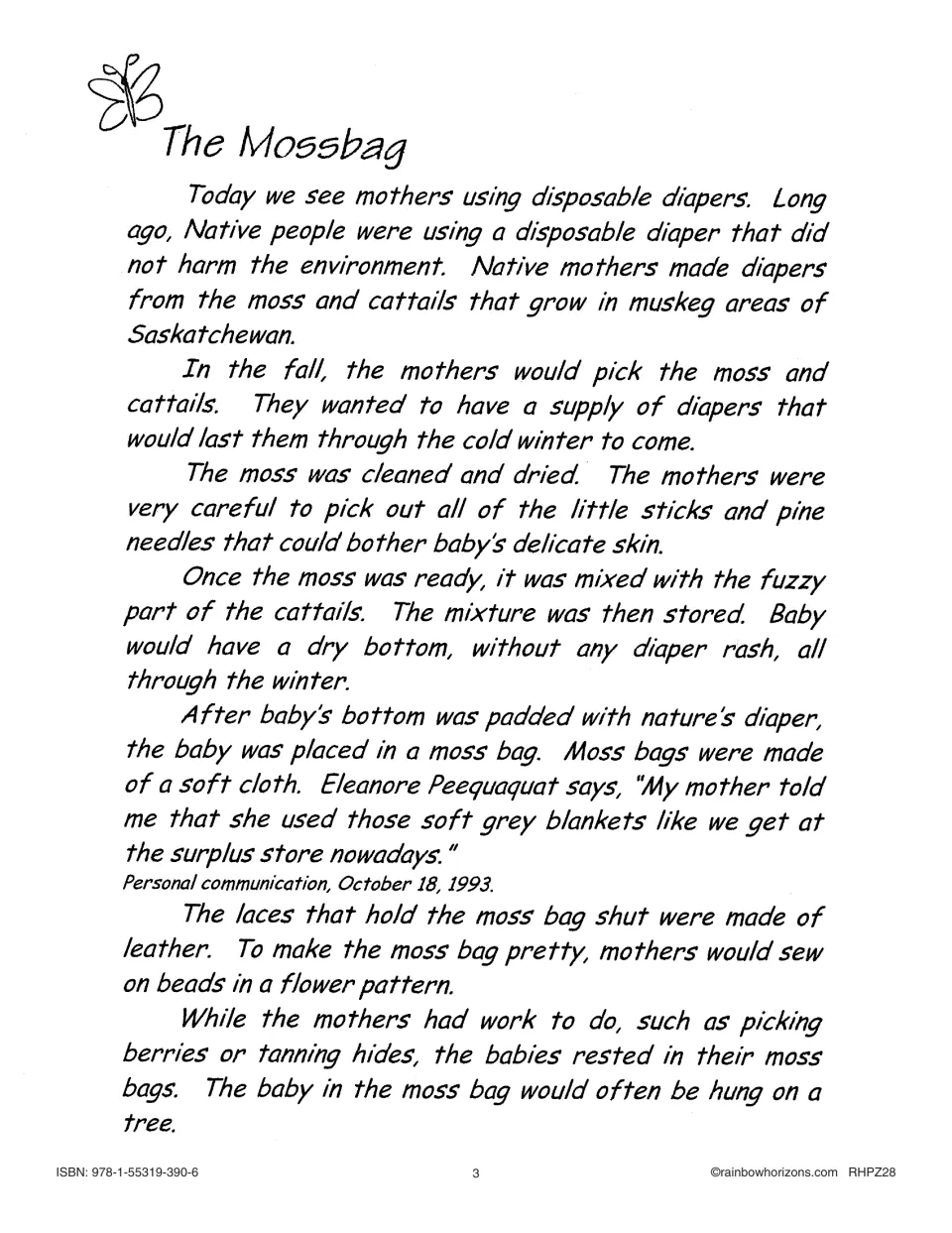 Background reading explains gathering moss and cattails, preparing diaper padding, and making cloth moss bags.
