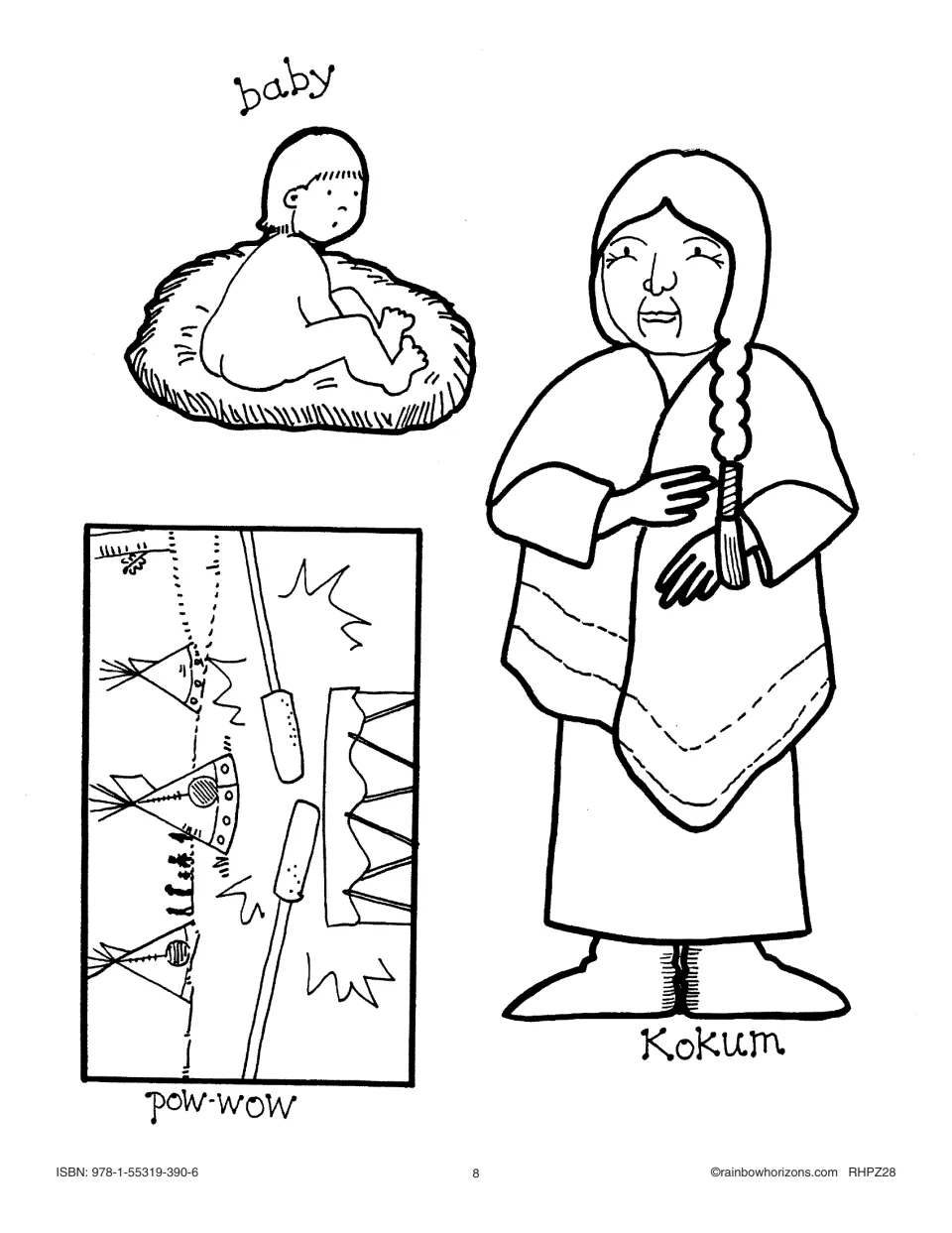Storytelling picture sheet for Kokum’s story includes three labeled illustrations: baby, Kokum, and pow-wow.