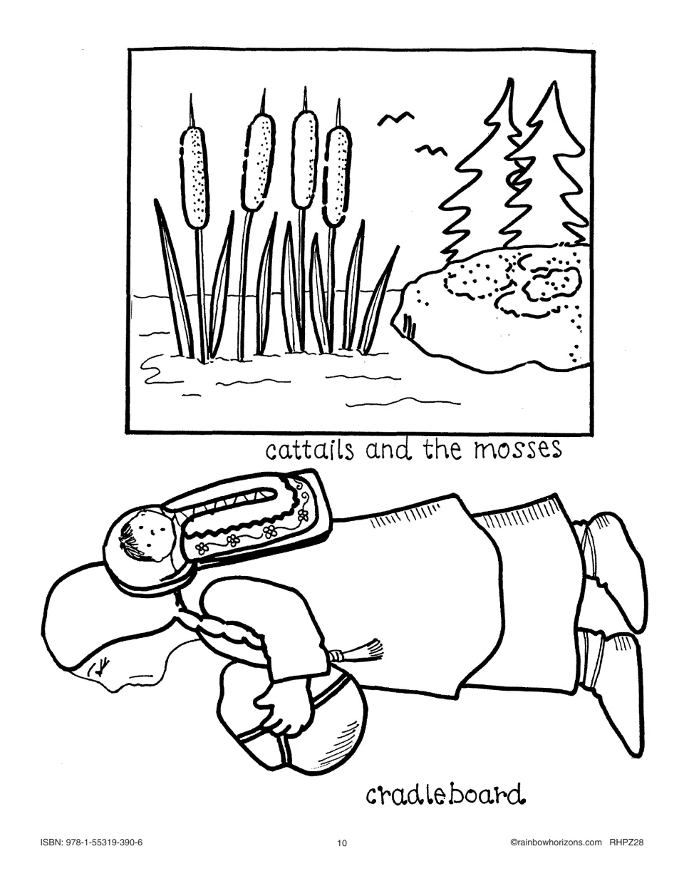 Storytelling picture sheet shows cattails and mosses by water and Kokum carrying a baby on a cradleboard.