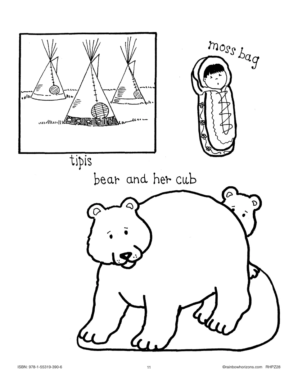 Storytelling picture sheet for Kokum’s story includes three labeled images: tipis, moss bag, and bear with cub.