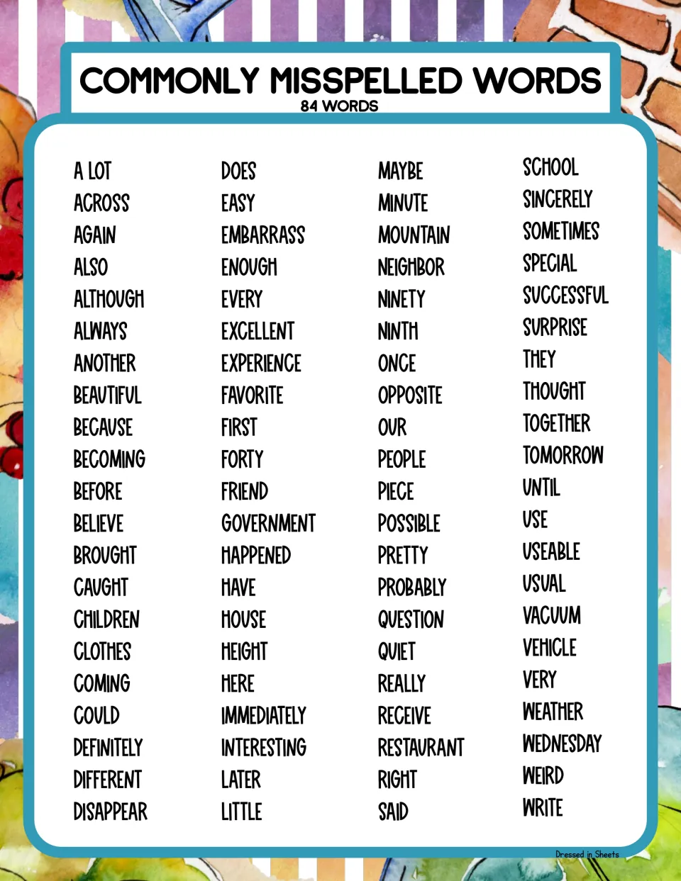 Reference list of 84 often-misspelled words in alphabetical order, from a lot, across and again to weather, weird and write