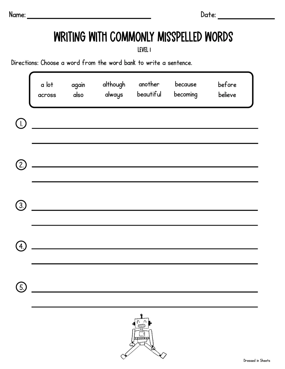 Writing with misspelled words, Level 1: students pick words like again, always and beautiful to write five sentences