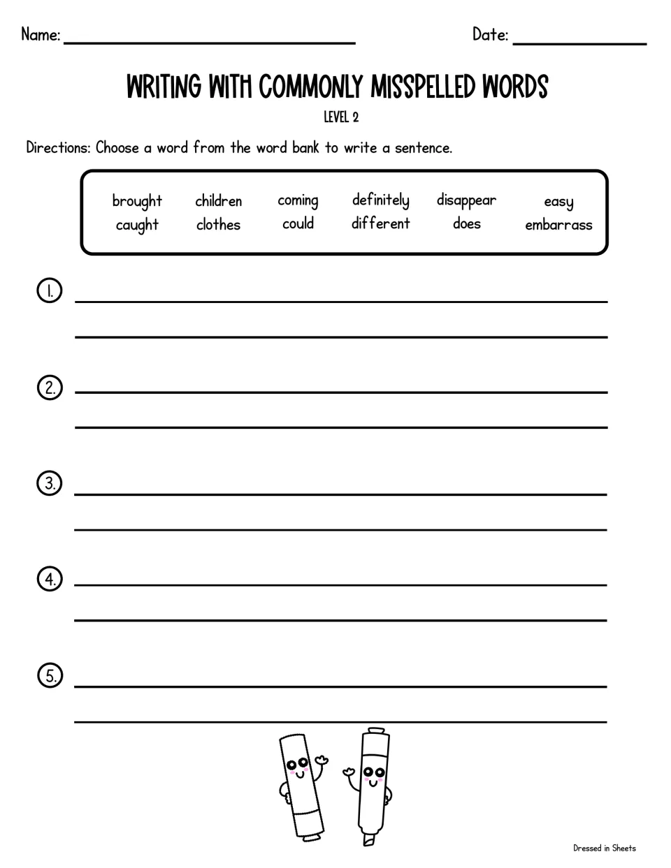 Writing with misspelled words, Level 2: students choose words such as children, could and different for five sentences