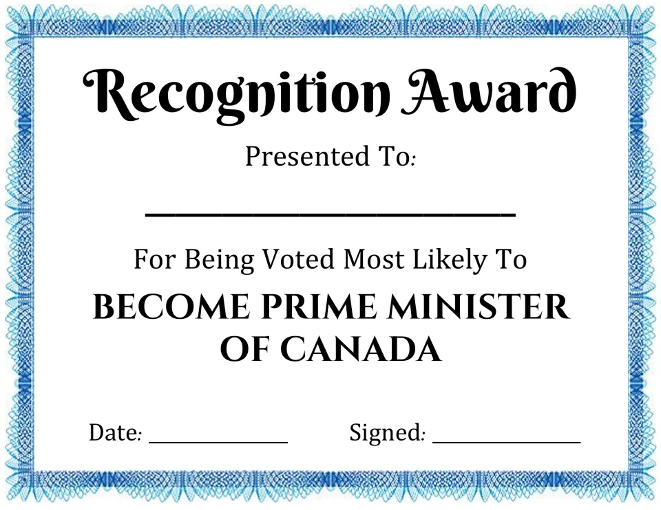 Recognition award for Most Likely To Become Prime Minister of Canada, with name, date and signature lines