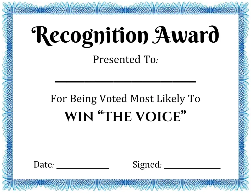 Recognition award for Most Likely To Win “The Voice,” with a blank name line plus date and signature lines