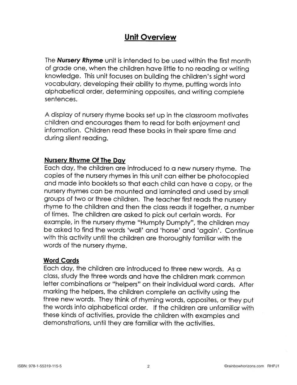Unit overview introduces daily nursery rhyme reading and three word cards for rhyming, opposites, and ABC order.