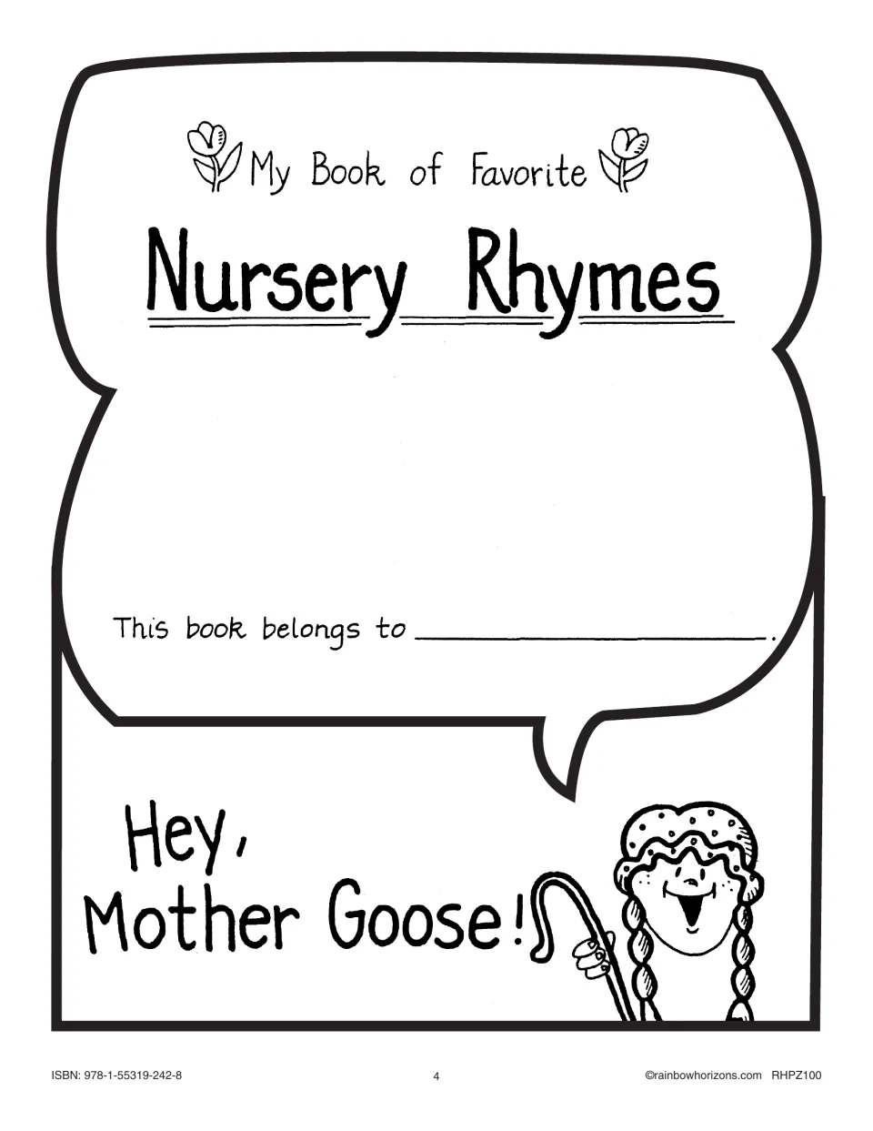 Student book cover titled My Book of Favorite Nursery Rhymes, with a name space and Mother Goose illustration