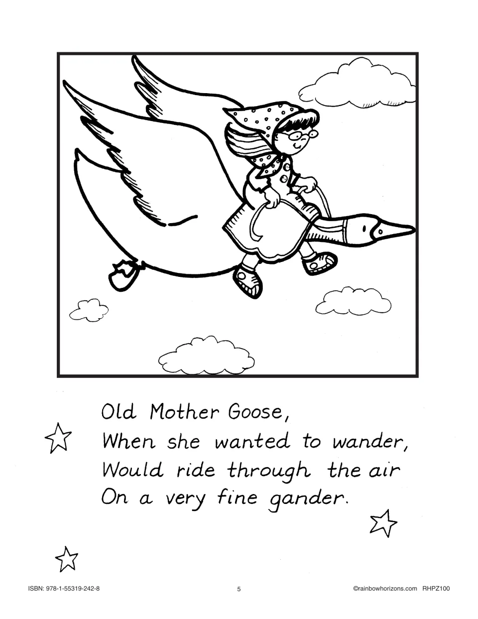 Old Mother Goose rhyme sheet about riding through the air on a gander, illustrated with her flying ride