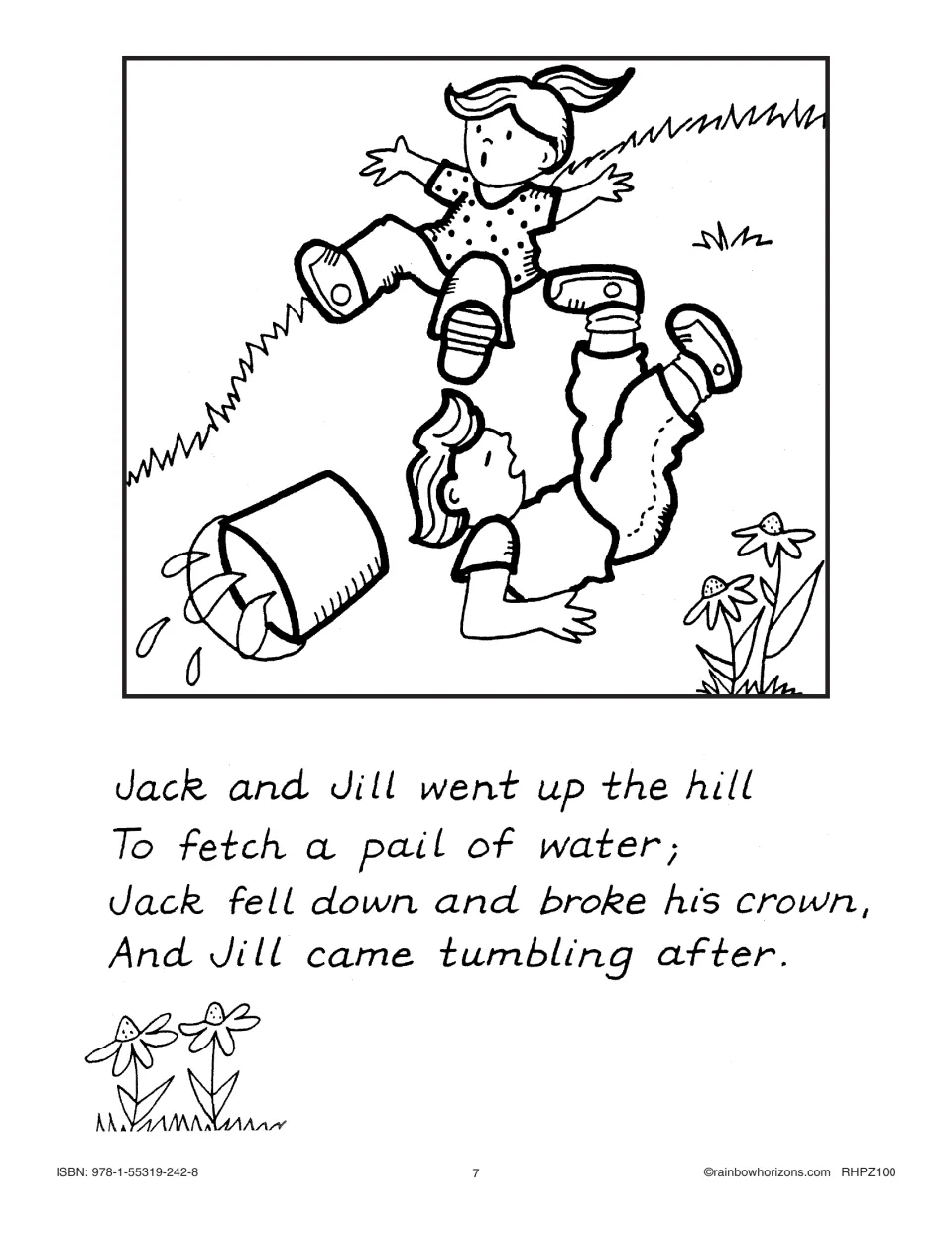 Jack and Jill rhyme sheet about fetching water and falling down a hill, illustrated with the spilled pail