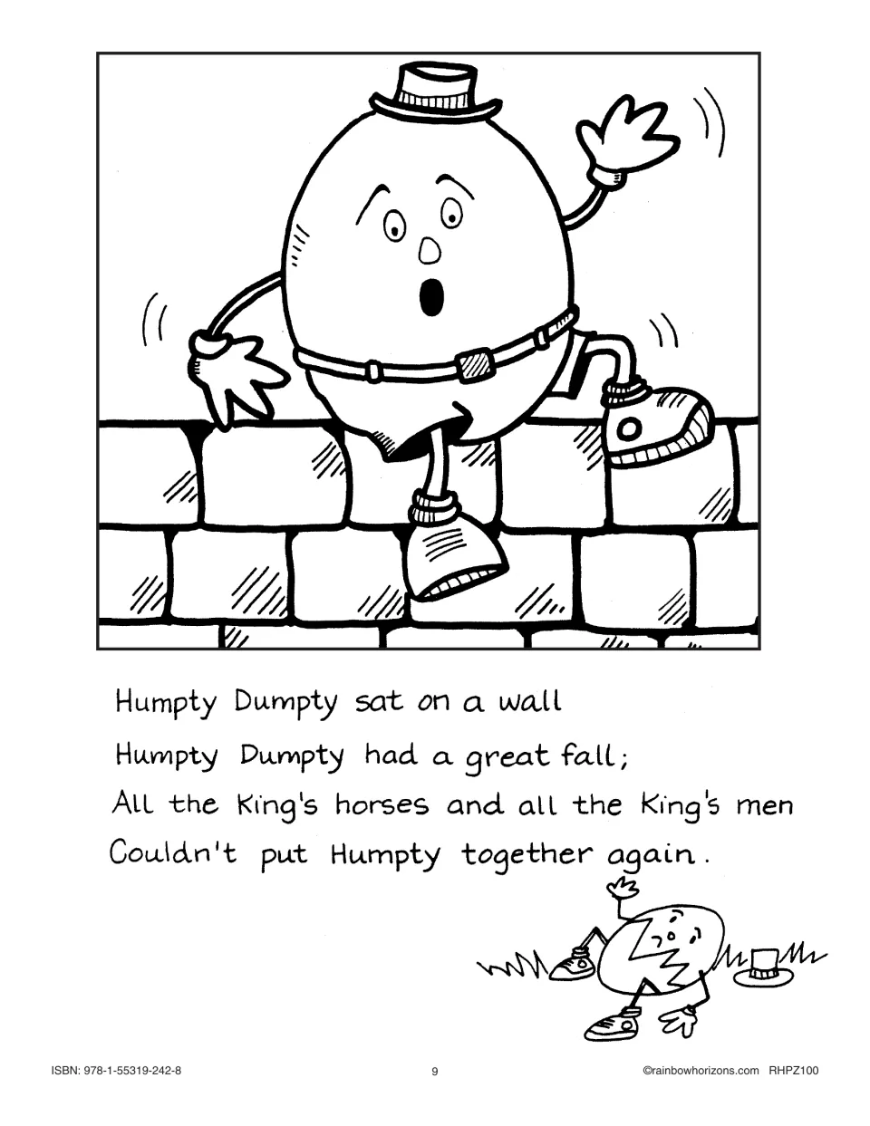 Humpty Dumpty rhyme sheet about his fall and the King's failed rescue, illustrated with him on a wall