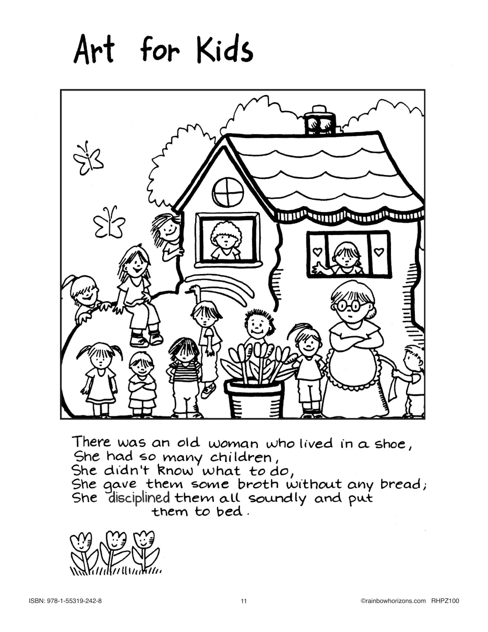 Art for Kids nursery rhyme sheet featuring the old woman who lived in a shoe, illustrated with her children