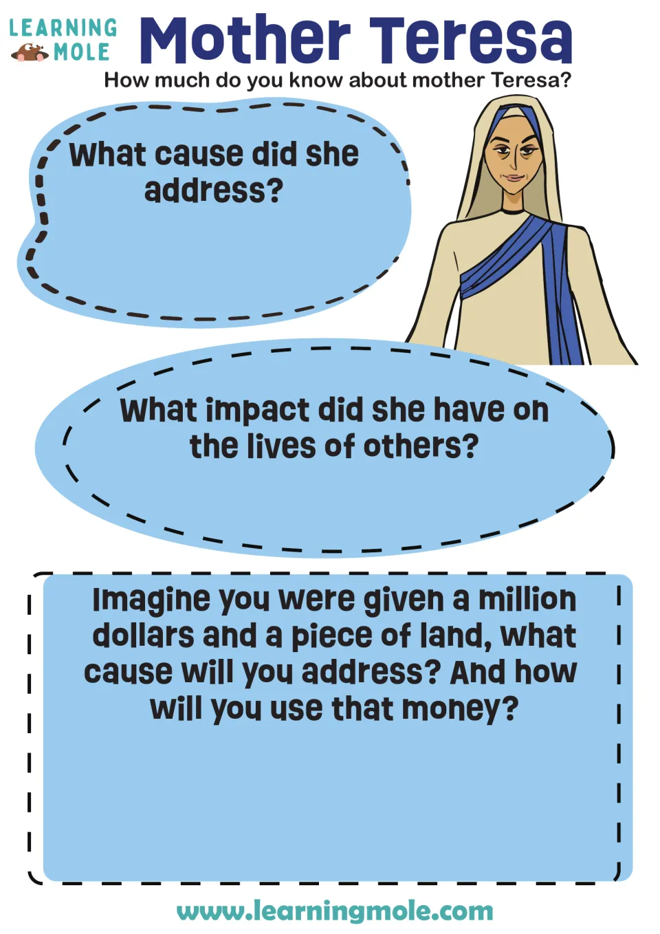 Mother Teresa biography: students write the cause she addressed, her impact on others, and how they would use $1 million
