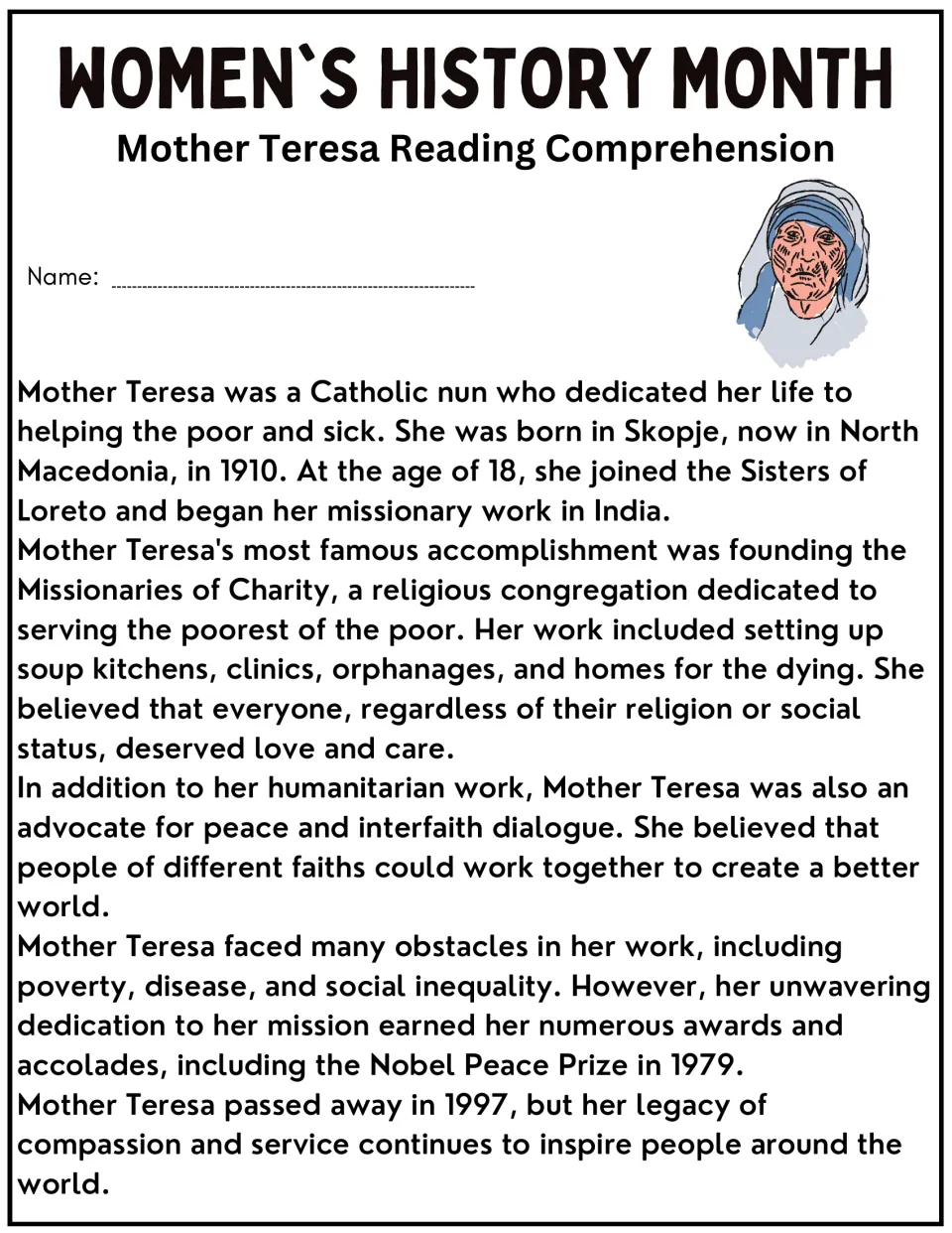 Mother Teresa biography passage: students read about her life, Missionaries of Charity, interfaith work and Nobel Prize