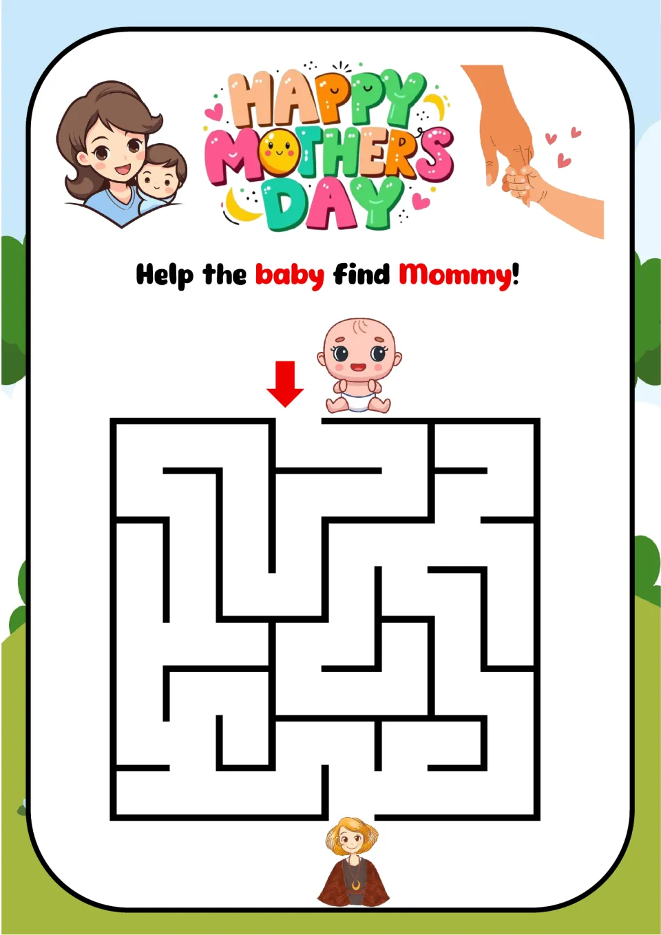 Mother's Day square maze, Help the baby find Mommy!: students trace a path from the baby at the top to Mom at the bottom
