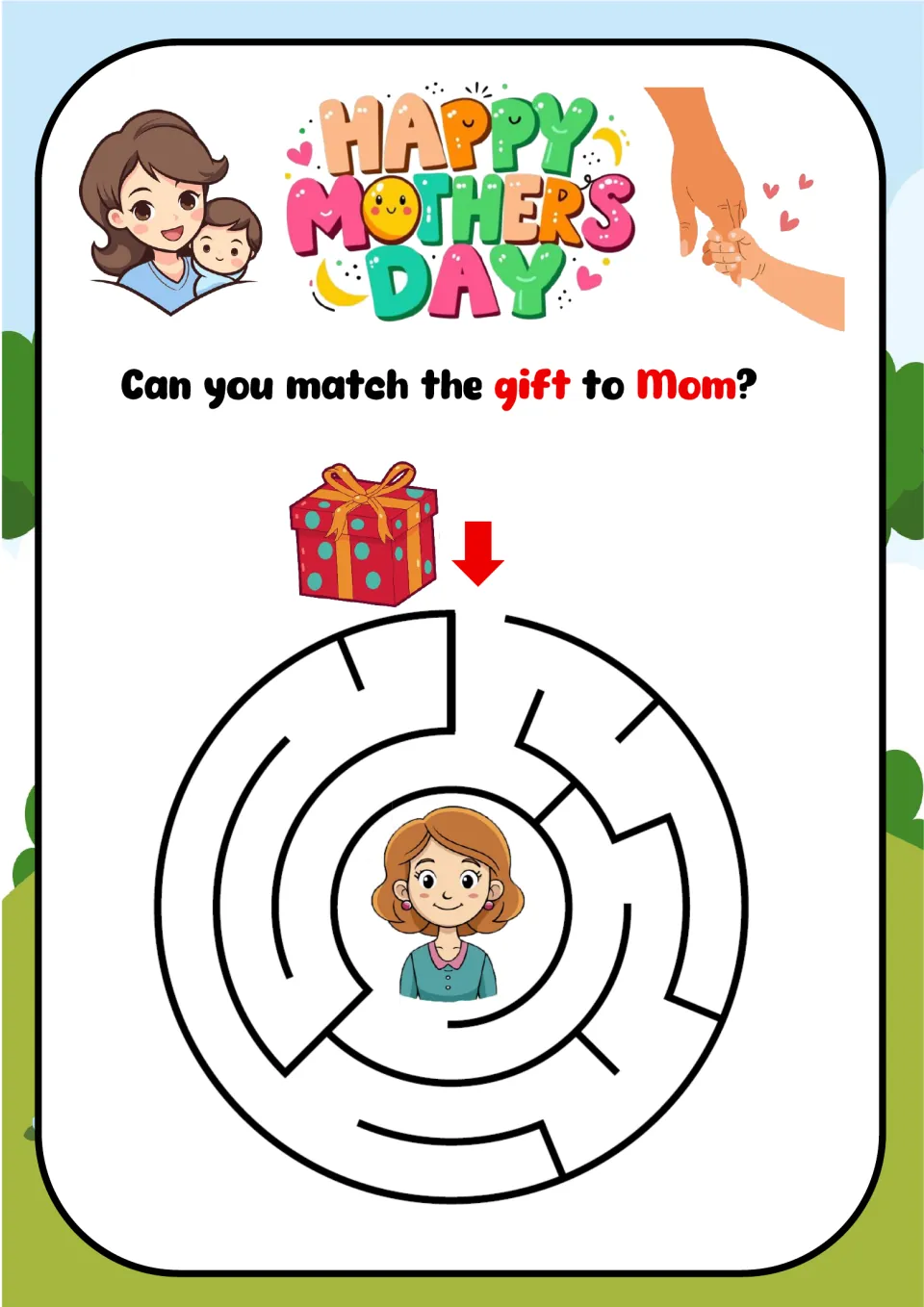 Gift circle maze, Can you match the gift to Mom?: students trace a route from the wrapped gift box to Mom at the center