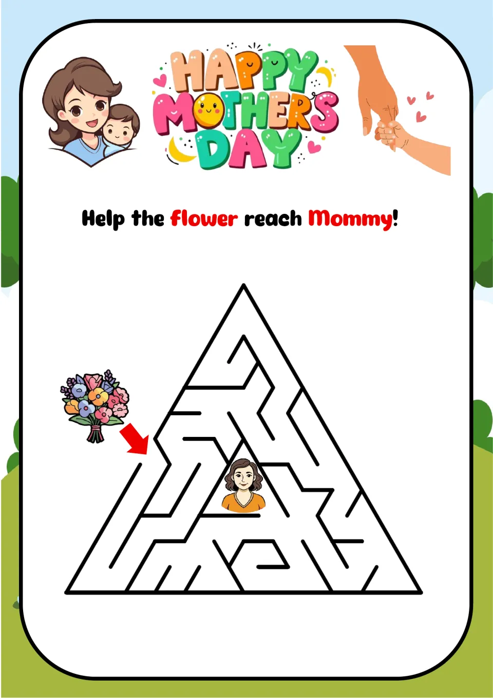 Triangle maze, Help the flower reach Mommy!: students trace a path from the flower bouquet to Mom in the middle