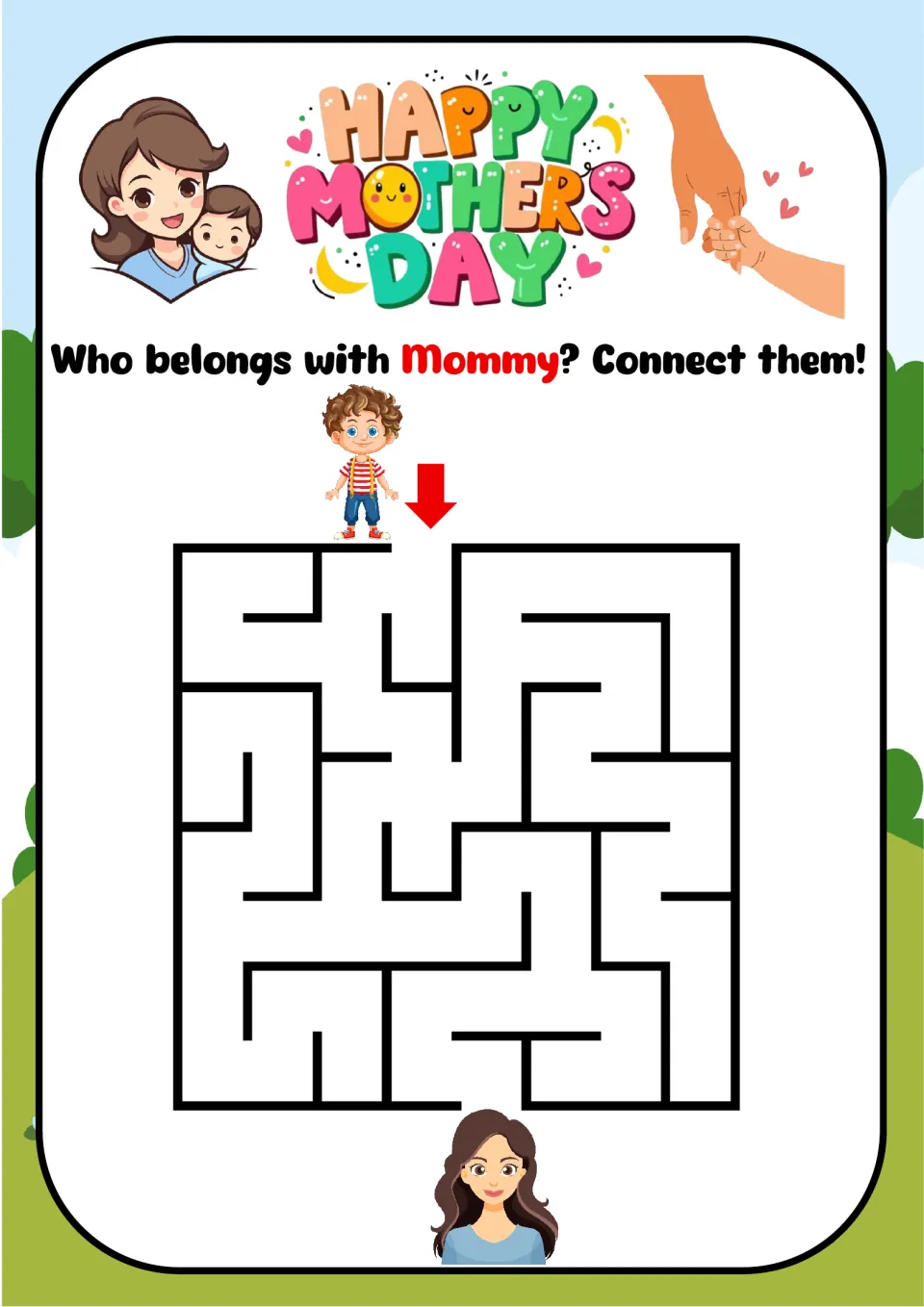 Who belongs with Mommy? Connect them!: students guide the boy through a square maze to his mom waiting below the exit