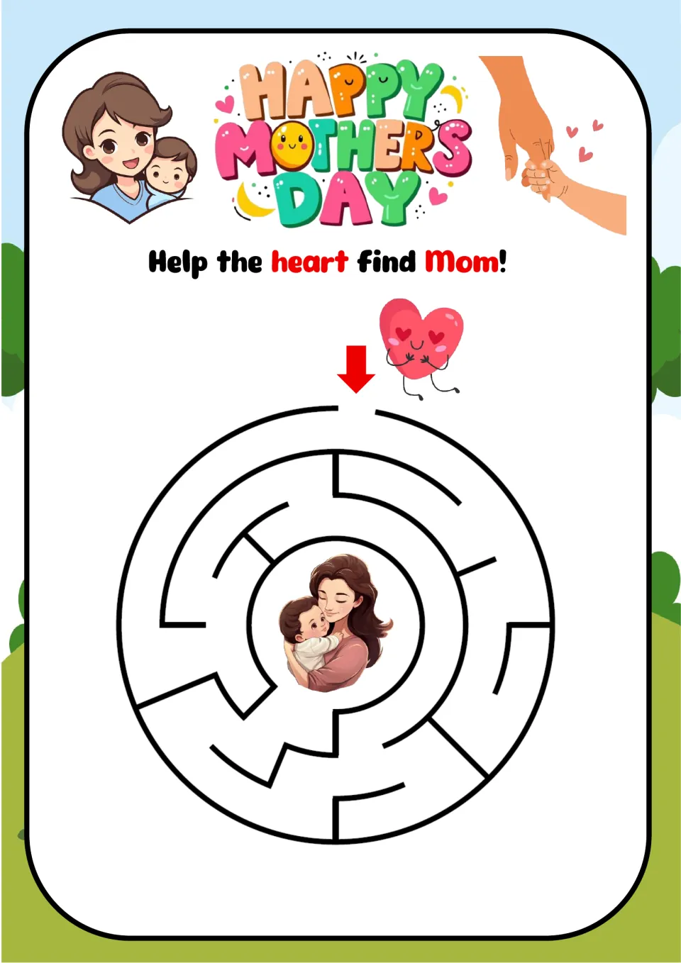 Heart circle maze, Help the heart find Mom!: students trace from the smiling heart through the rings to mom and baby