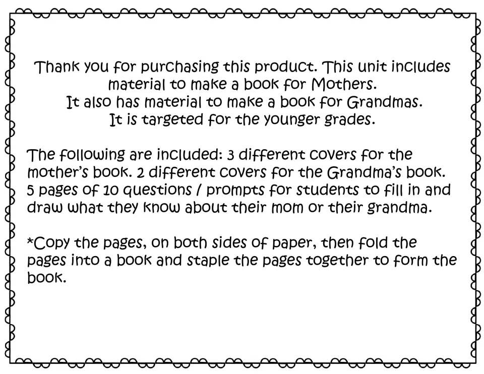 Teacher note listing 3 Mom covers, 2 Grandma covers and 5 prompt pages, plus copy, fold and staple directions for the book