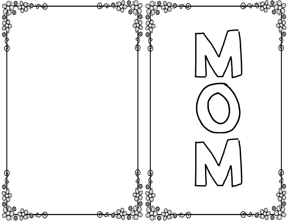 Book cover with the word MOM in large plain outline letters stacked vertically for coloring, next to a blank back panel