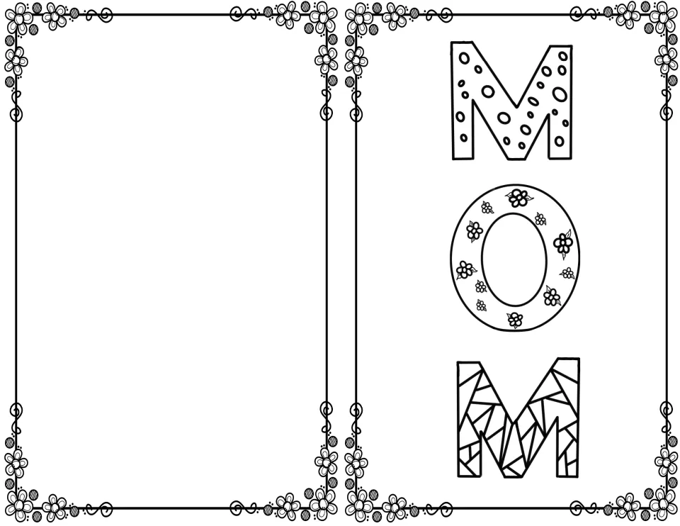 Patterned MOM cover to color: the M has dots, the O has flowers and the last M has a mosaic design, beside a blank back