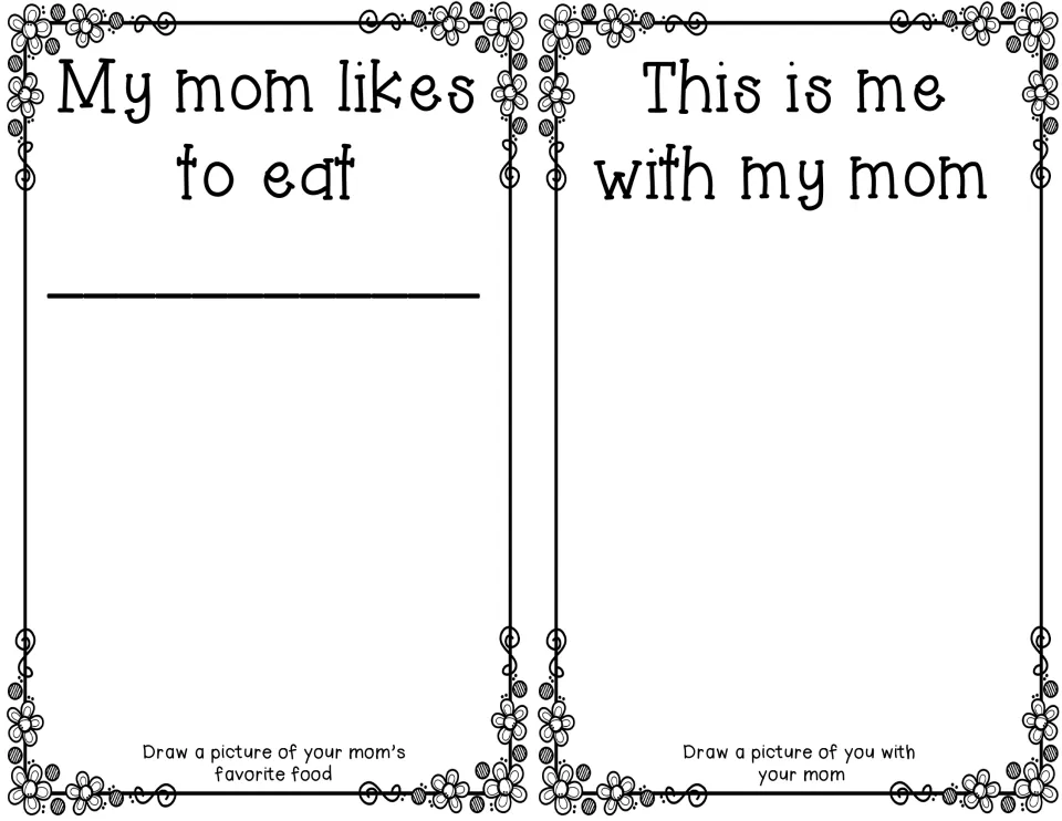 Prompts My mom likes to eat and This is me with my mom: students write and draw a food, then draw themselves with mom